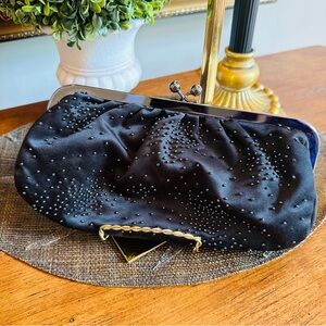 BLACK BEADED EXPRESS GUN METAL CLOSURE COCKTAIL CLUTCH BAG PRELOVED GREAT COND